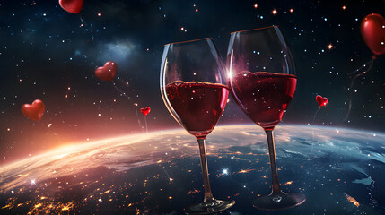 Cinematic photograph of two red wine glasses floating in space. Stars. Heart shaped balloons and confeti. Valentines. Love