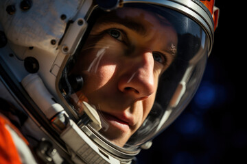 
Close-up photo of a British astronaut, a man, with a focus on the eyes, reflecting the vastness of space