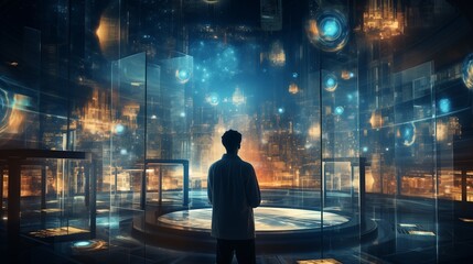 Man Standing in Front of Glass Display at Exhibition, in City Center, During Daytime