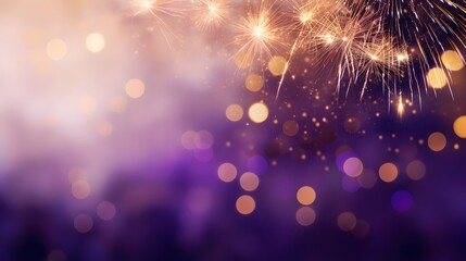 Gold and dark violet Fireworks and bokeh in New Year eve and copy space. Abstract background holiday.
