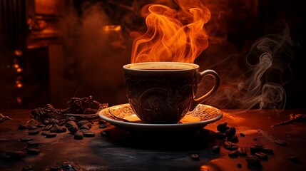 Steaming Cup of Coffee on Saucer, Warm and Inviting Beverage for a Cozy Morning - obrazy, fototapety, plakaty