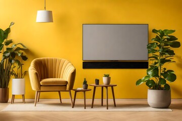 Mockup TV in modern living room with armchair and plant on yellow wall