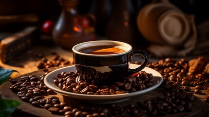 A Cup of Coffee Surrounded by Coffee Beans, Brew Your Morning Bliss