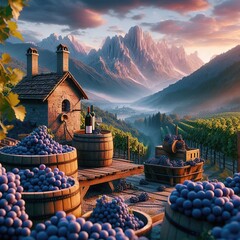 Mature black grapes, making wine in wooden barrels in a house in a mountainous area