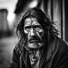 A homeless man with long unwashed hair and dirty clothes and a dirty face. There is sadness in his eyes and he is depressed and suffering from addiction and mental health issues.. 