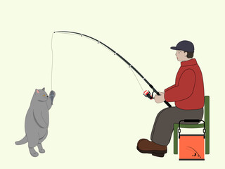 angler and cat, fisherman with a rod