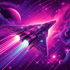 Poster 80s retro futuristic sci-fi background. Retrowave videogame landscape with neon lights and low poly terrain grid. Stylized vintage cyberpunk vaporwave 3D render spaceship, universe, sun. 4K © Cobe