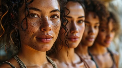 Fototapeta premium Group of female athletes posing in workout attire with joyful expressions, showcasing their passion for fitness and well-being.