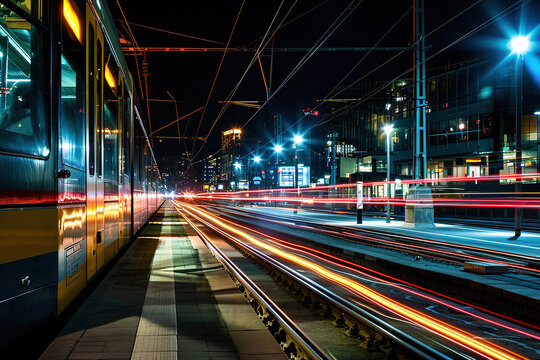 train at night in a city driving in motion with light trails at a railway station.