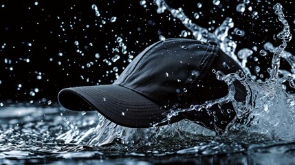 Trendy Cap Accessory in water splashes on the black background. Horizontal Illustration. Charming Wardrobe Staple. Ai Generated Illustration with Trendy Elegant Cap.