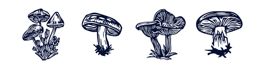 Handmade blockprint mushroom vector motif clipart set in folkart scandi style. Simple monochrome linocut fungi shapes with naive rural lineart collection. 