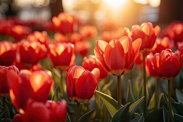 Radiant red tulip garden, Generative AI - obrazy, fototapety, plakaty