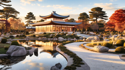 Traditional Japanese Garden in Kyoto, Reflecting the Serenity and Beauty of Asian Culture and...