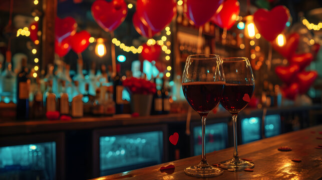 Cinematic photograph of two red wine glasses at a pub. Dim lights Heart shaped balloons and confeti. Valentines. Love