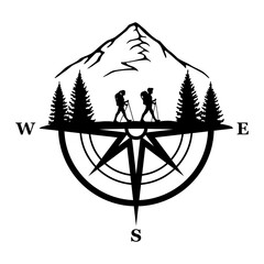 Hiking in the Mountains, Compass and Hikers, Hand Drawn Vector Illustration