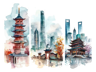 Traditional architecture versus new architecture contrast hand-painted watercolor elements