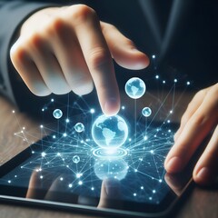 Close-up image of hand poking iPad into hologram of network connection