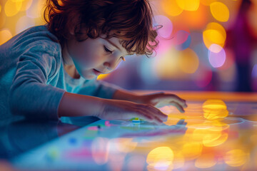 kids playing with interactive features, such as sensory panels, with a soft, blurry light bokeh background, promoting the educational and engaging elements of commercial playground - obrazy, fototapety, plakaty
