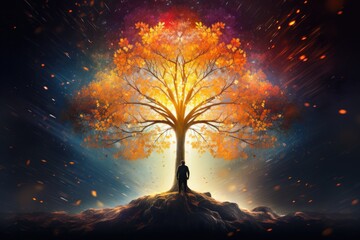 person sitting in meditation under colorful tree