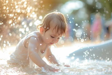 Obraz premium toddler exploring a water play area on the commercial playground, with refreshing water droplets and a soft blurry light bokeh background, promoting the sensory and refreshing elem