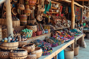 A local Indigenous marketplace selling traditional crafts and modern goods. Souvenir market on street  - obrazy, fototapety, plakaty
