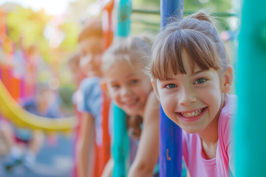 group of children participating in a playful obstacle course on the commercial playground, with a cheerful blurry light bokeh background, promoting physical activity and teamwork