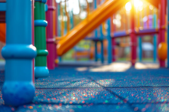 playground with vibrant colors and soft rubber surfacing, set against a delightful blurry light bokeh background, creating a visually appealing and safe play environment