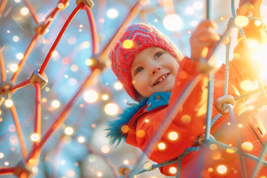 child conquering a challenging climbing structure on the playground, with triumphant motion frozen against a background of dynamic blurry light bokeh, symbolizing achievement and c