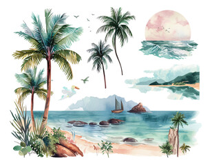 Seaside scenery watercolor hand-painted stickers