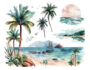Seaside scenery watercolor hand-painted stickers