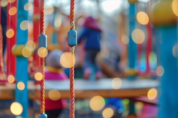 playground during a community event, with kids enjoying various activities and a festive blurry light bokeh background, symbolizing the social and communal aspects of play spaces