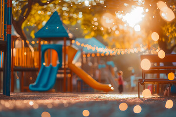 playground during a community event, with kids enjoying various activities and a festive blurry light bokeh background, symbolizing the social and communal aspects of play spaces - obrazy, fototapety, plakaty