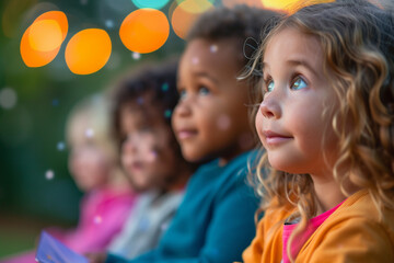 children participating in a storytelling session on a commercial playground, with engaged expressions and a dreamy blurry light bokeh background, promoting the educational and stor - obrazy, fototapety, plakaty