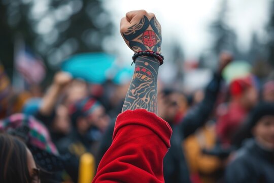 A political rally or protest led by Indigenous activists. showing their arm up high, tattoo, Native American, Indigenous concept. protesting for their rights and the protection of their land