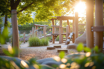 playground with natural elements, such as wooden structures and greenery, against a soft blurry light bokeh background, creating a peaceful and nature-inspired play environment - obrazy, fototapety, plakaty