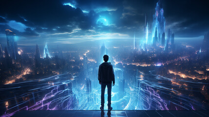 High angle: man on digital bridge, futuristic metaverse smart city, blue-violet hues. 3D render.