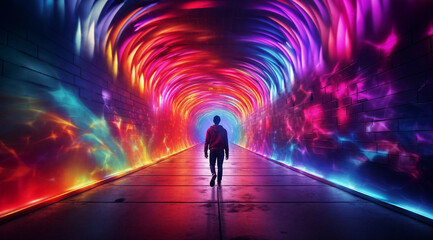 a man walking down a tunnel with a colorful light tunnel in the background and a man standing in the middle, generative ai