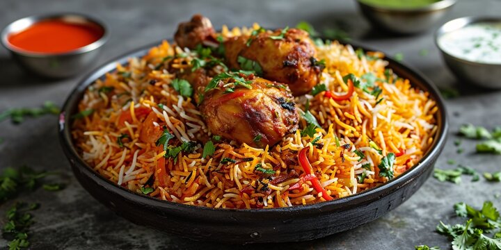 Savor the heat of Indian chicken biryani captured in a stunning food photo against a dark backdrop.
