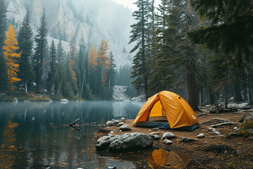 Isolated yellow tent campsite near a lake in the pacific northwest