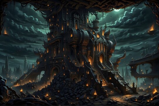 A chaotic landscape of infernal contraptions, where buildings and machines merge into one monstrous entity n4