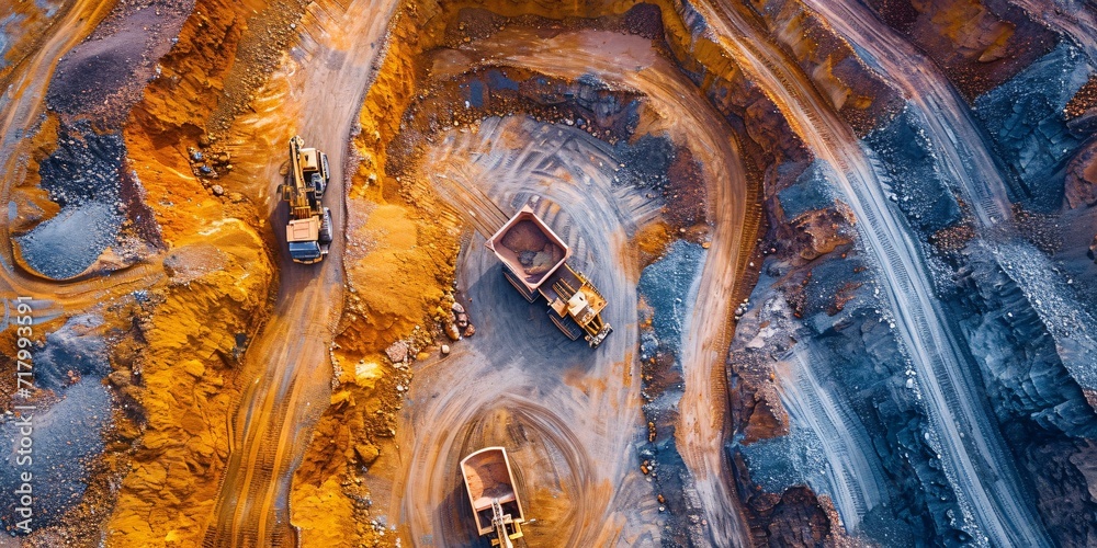 Wall mural aerial view of an industrial site showing sorting of materials, colored minerals in a surface mine, 