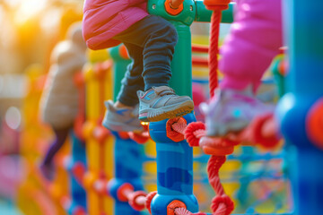close-up of kids climbing on colorful play structures, set against a soft, blurry light bokeh background, conveying the vibrancy and energy of a commercial playground