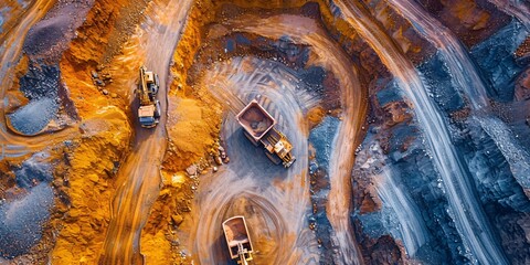 Aerial view of an industrial site showing sorting of materials, colored minerals in a surface mine, and heavy mining equipment. - obrazy, fototapety, plakaty