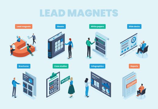 Lead magnet materials, forms, tools. Isometric illustration set of brochure, ebook, report, white paper, infographic, slide deck, case study images