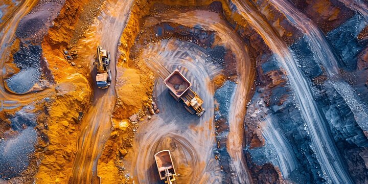 Aerial view of an industrial site showing sorting of materials, colored minerals in a surface mine, and heavy mining equipment.