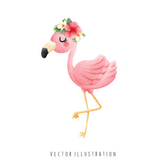 Watercolor of Flamingo, Hawaii Travel. Vector Illustration
