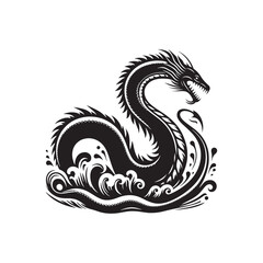 Luminous Abyss: Sea Serpent Silhouette Spectacle Illuminating the Abyssal Depths with Radiant Shadows - Sea Serpent Illustration - Sea Serpent Vector
