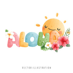 Watercolor of Aloha, Hawaii Travel. Vector Illustration