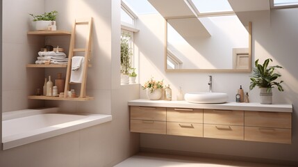 Bright bathroom with vanity, basin, and reflection.