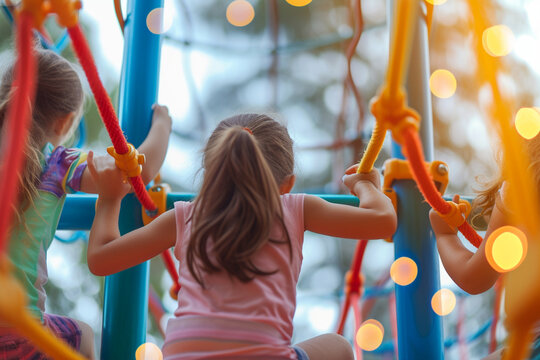 children engaged in teamwork on a playground, with a soft, blurry light bokeh background, symbolizing the social and collaborative aspects of commercial play spaces